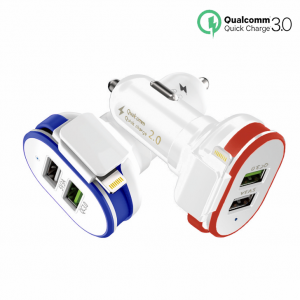 USB car charger for Android and iPhone | Quick Charge 3.0 | Small size | Dual USB ports | 3.0A output | Blue LED power light | Red and Blue color option | Amax Goods | Amaxmp.com